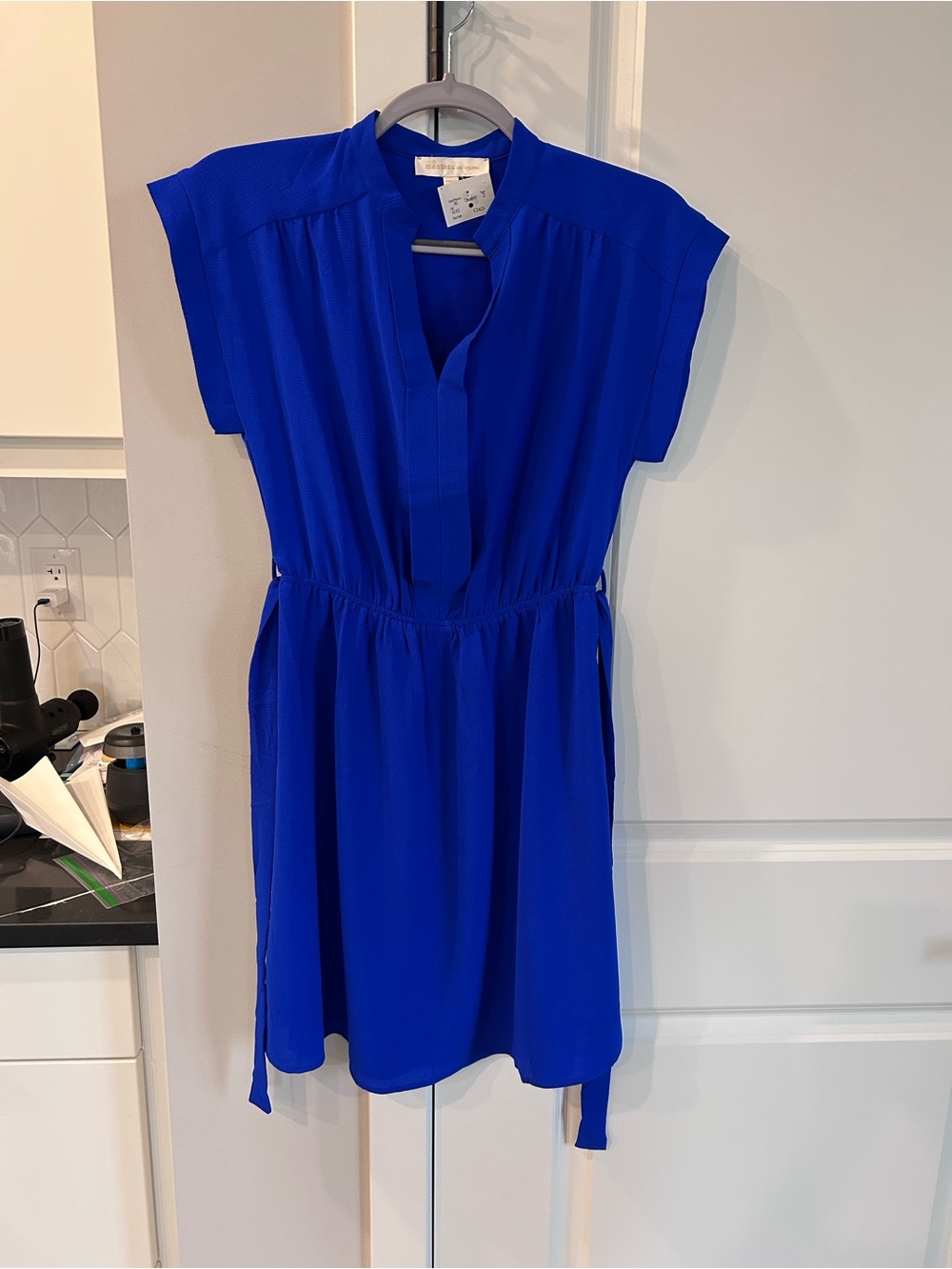 NWT Monteau Royal Blue Split Neck Elastic Waist Midi Dress Flowy Casual Summer